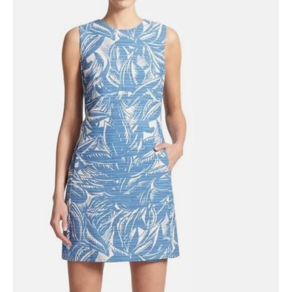 Tory Burch Short Dress 14 Gulf Shore Tabora Blue & Cream Linen Resort Vacation - Picture 1 of 11